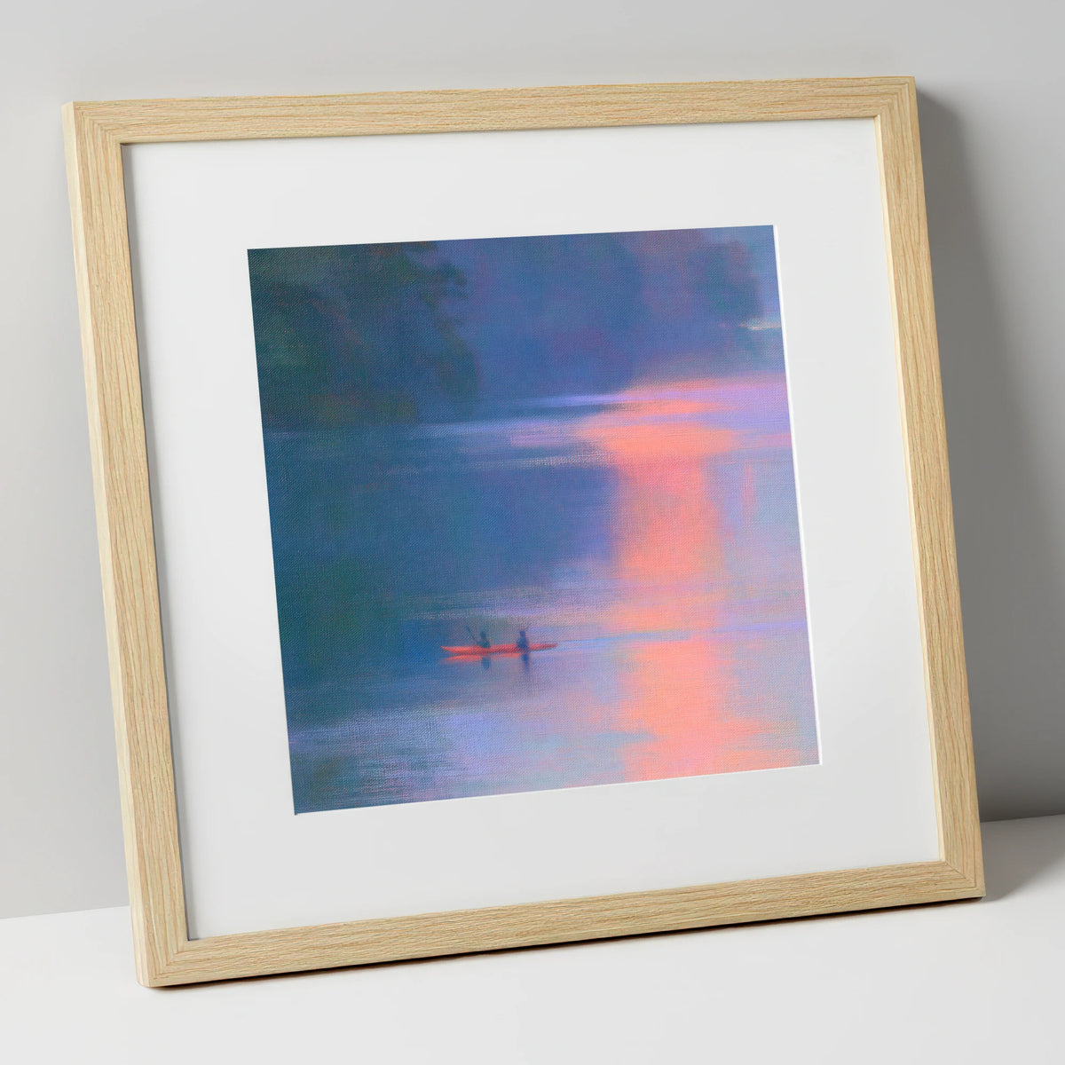 Lake Kayaking in Pink Evening Light lake district walking art print in natural frame