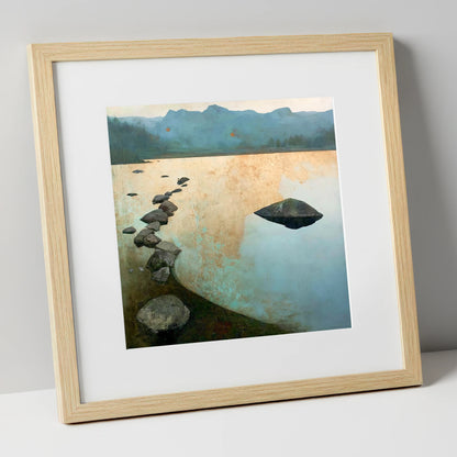 Scattered Rocks on Golden Elterwater lake district lake art print in natural frame