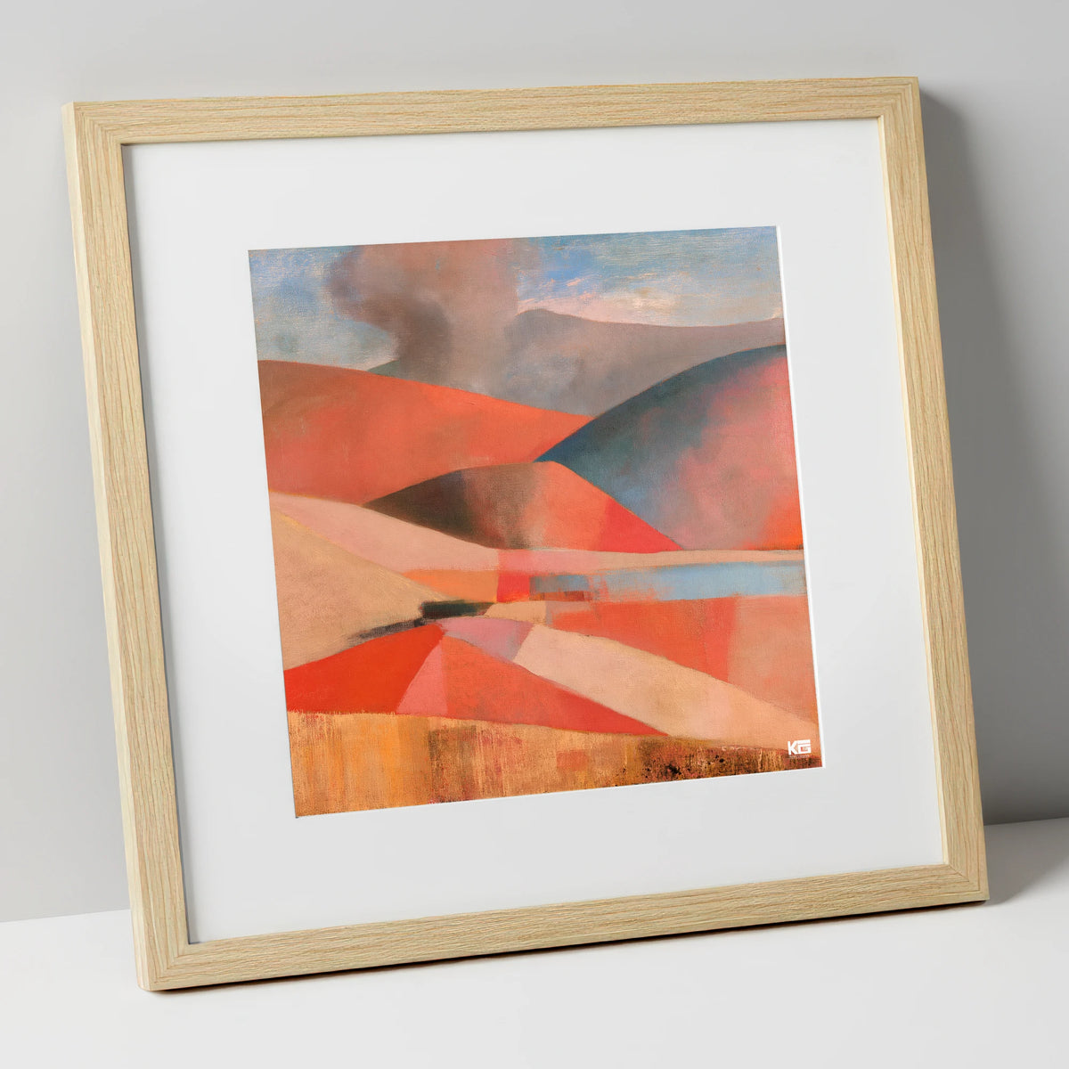 Cloudy Rolling Fells in Coral lake district fell art print in natural frame