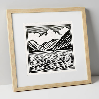 Black and White Ullswater Sailboat lake district lake art print in natural frame