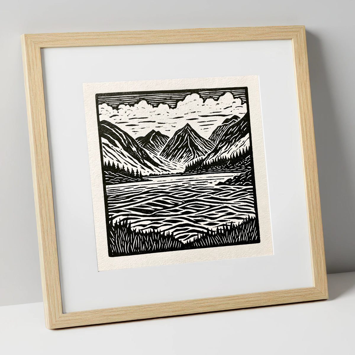 Bold Monochrome Ennerdale Landscape lake district valley art print in natural frame