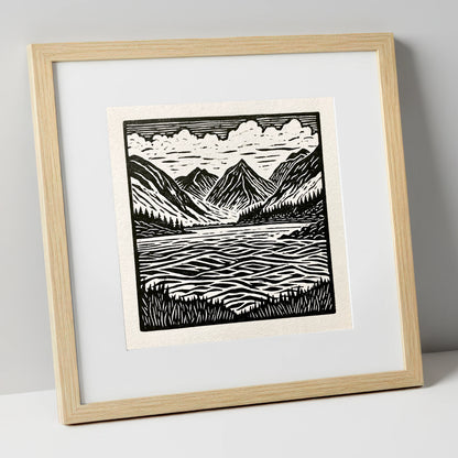 Bold Monochrome Ennerdale Landscape lake district valley art print in natural frame