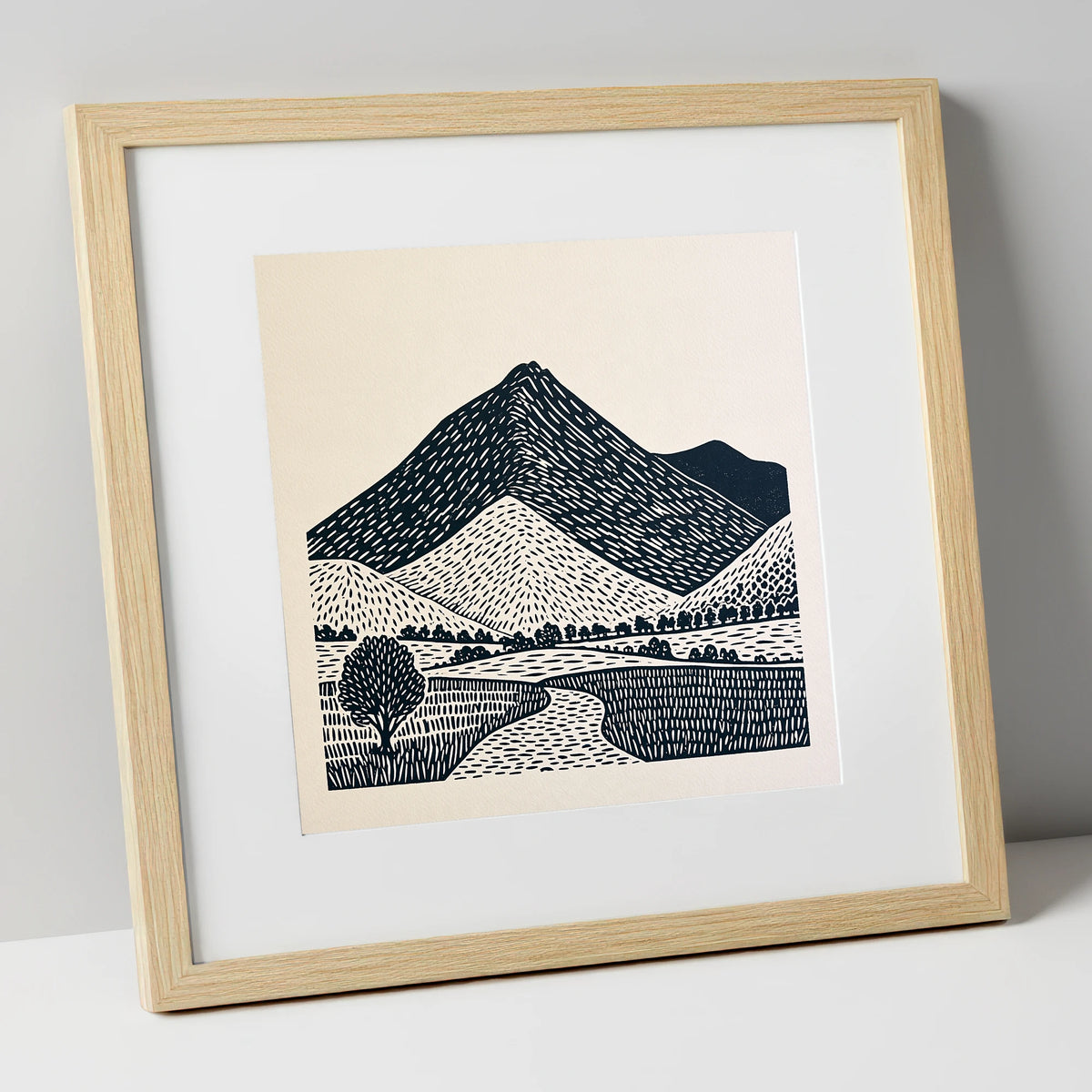 Blencathra in Graphic Lines lake district fell art print in natural frame