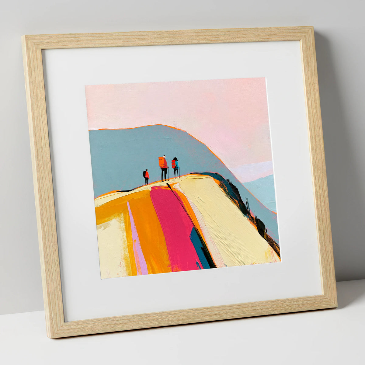 Vibrant Fell Top With Hikers lake district fell art print in natural frame