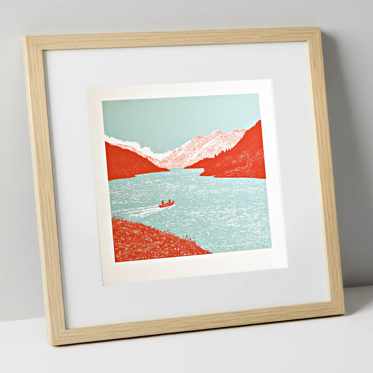 Coniston Water in Vivid Red lake district lake art print in natural frame