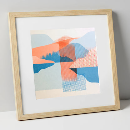 Geometric Lake and Fell Reflections lake district lake art print in natural frame
