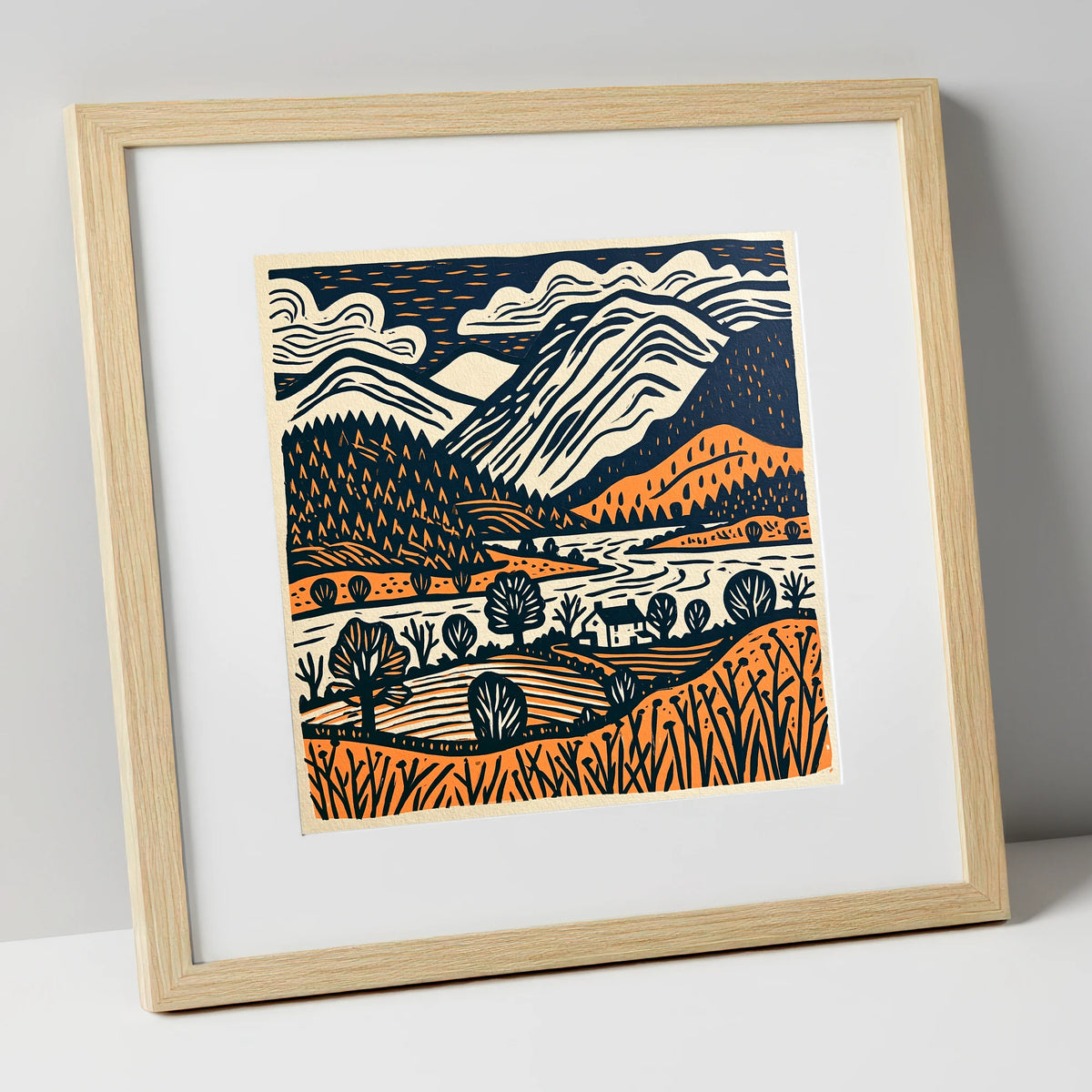 Grasmere Fells in Terracotta and Navy lake district lake art print in natural frame