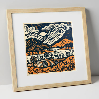 Grasmere Fells in Terracotta and Navy lake district lake art print in natural frame