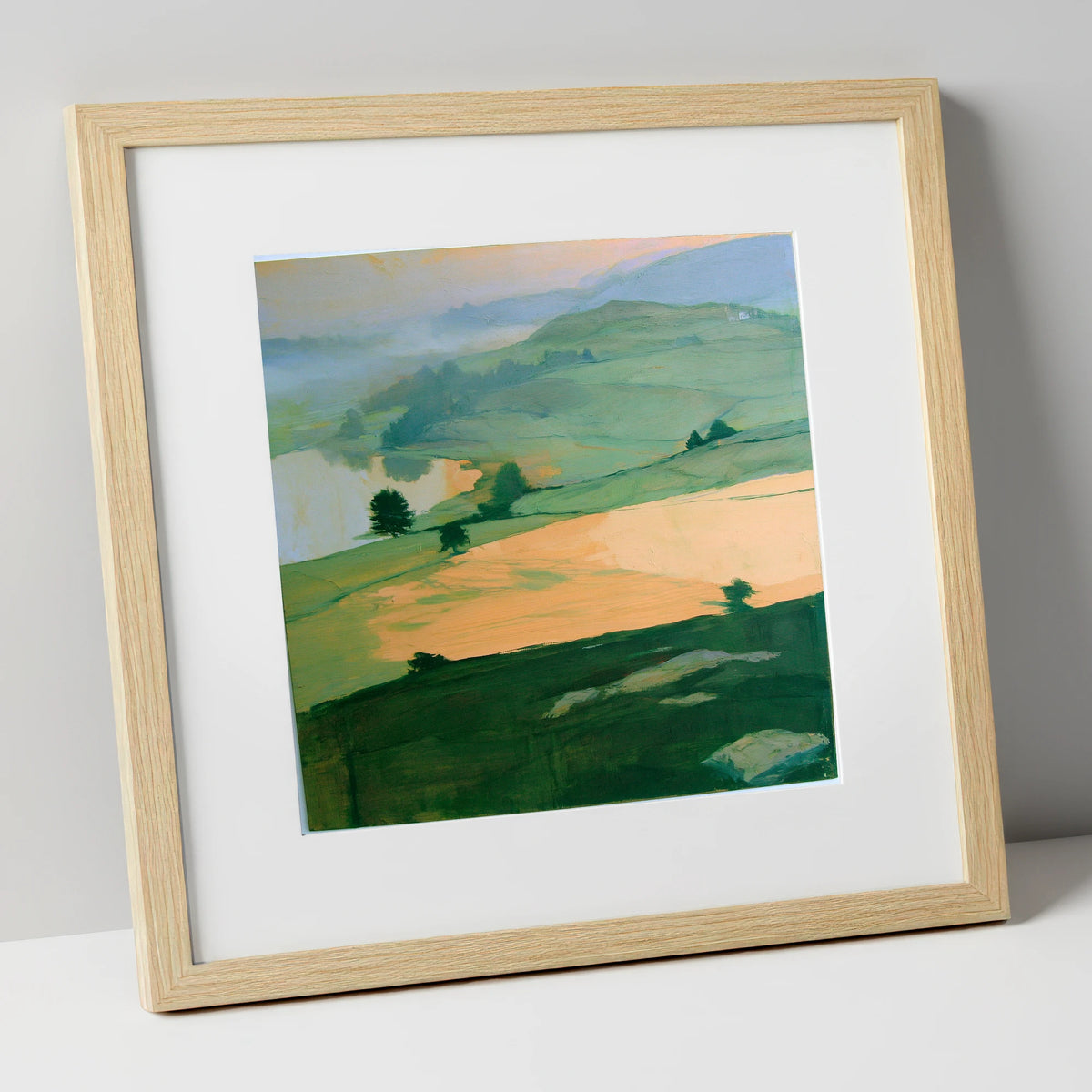 Misty Valley In Apricot Light lake district sky art print in natural frame