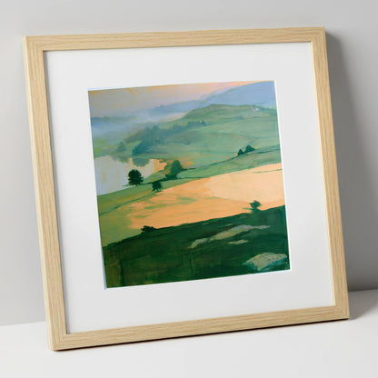 Misty Valley In Apricot Light lake district sky art print in natural frame