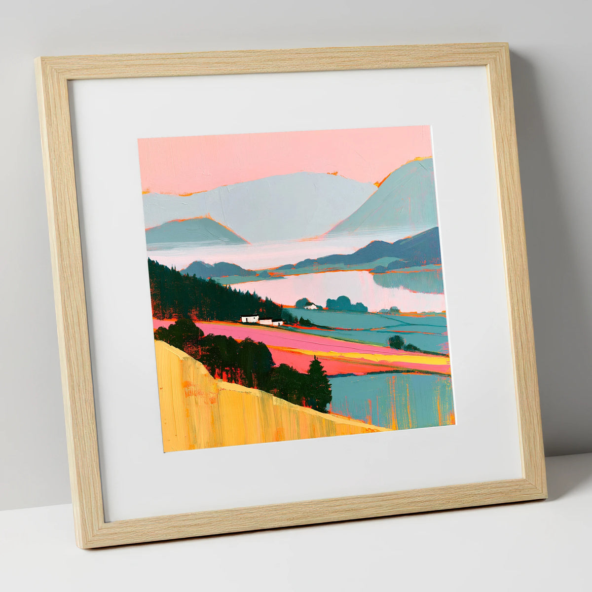 Pink Morning Valley Mist lake district sky art print in natural frame