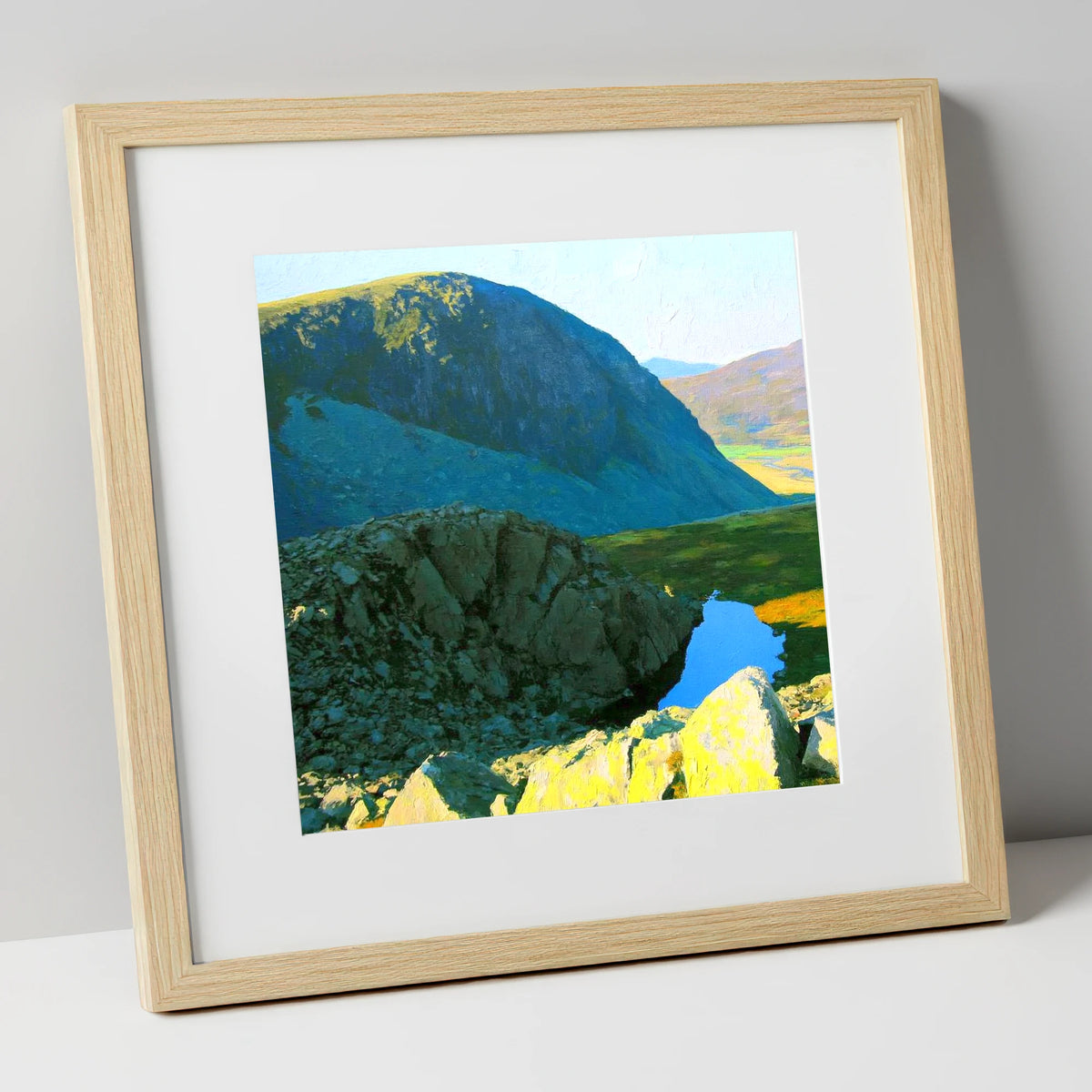 High Crag and Sunlit Tarn lake district fell art print in natural frame