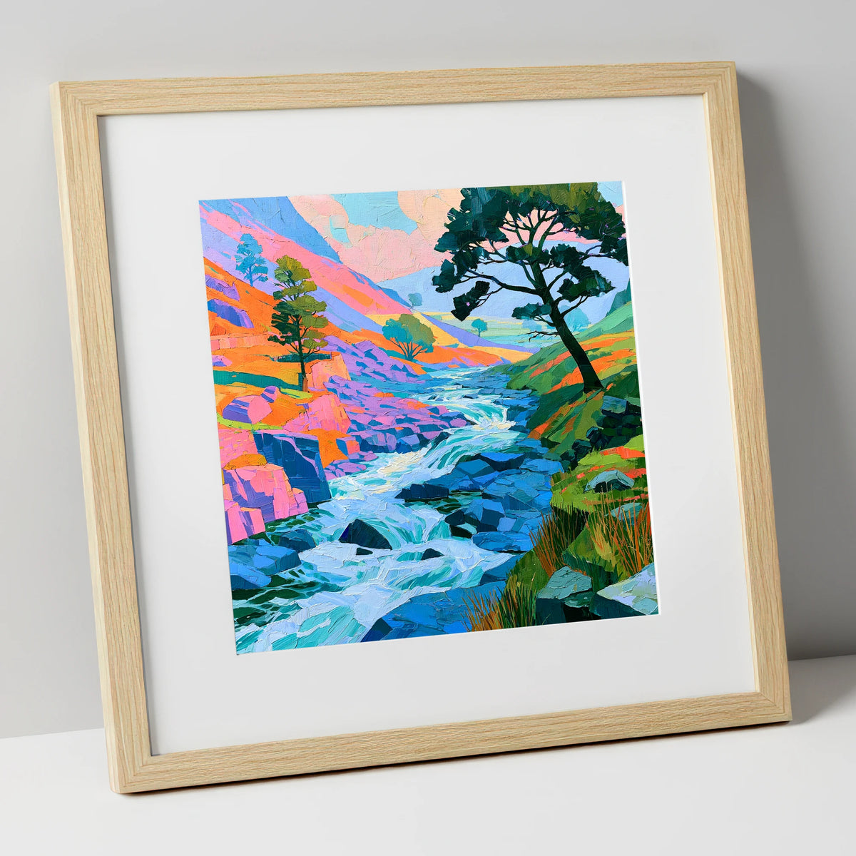 Colourful Rushing Fellside Beck lake district waterfall art print in natural frame