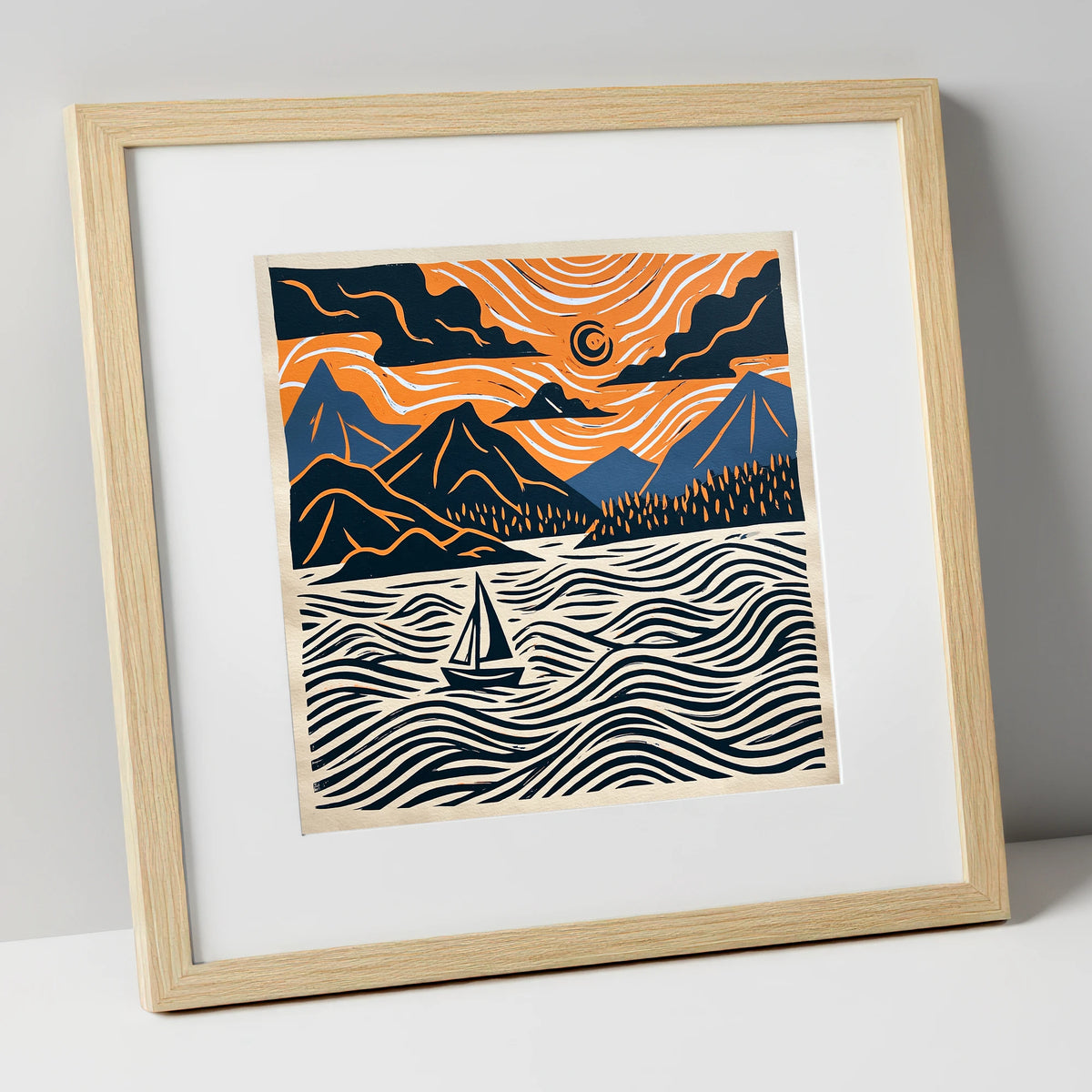 Derwentwater Sailboat Beneath Swirling Skies lake district lake art print in natural frame