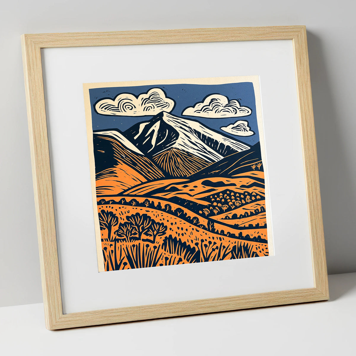 Skiddaw in Terracotta and Navy lake district fell art print in natural frame