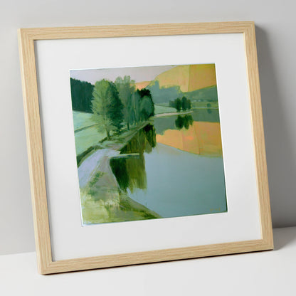 Still Lake in Apricot Dawn lake district lake art print in natural frame