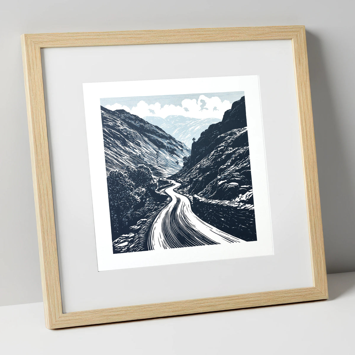 Navy Blue Hardknott Pass Road lake district valley art print in natural frame