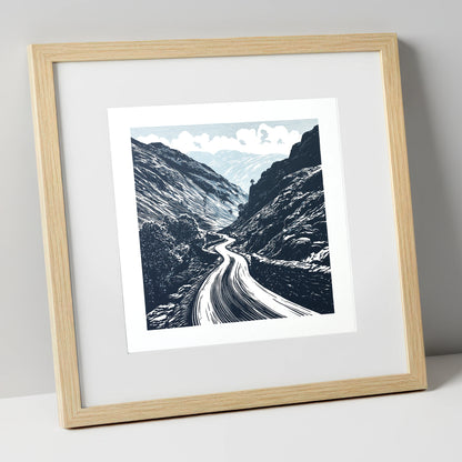Navy Blue Hardknott Pass Road lake district valley art print in natural frame
