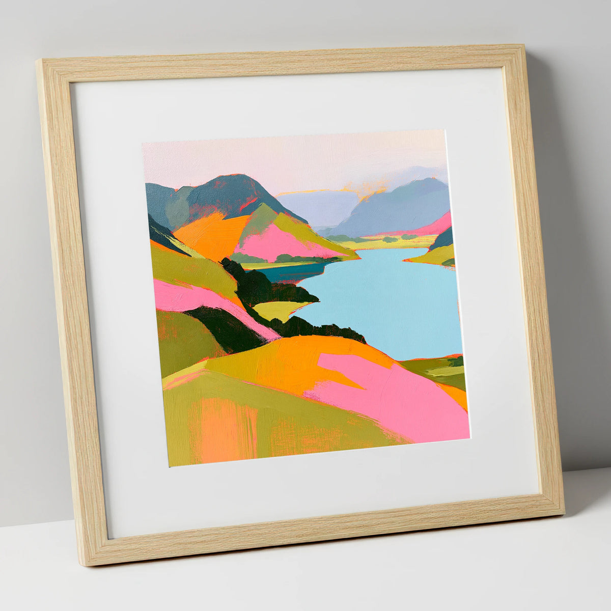 Bold Pink Fells and Lake lake district lake art print in natural frame