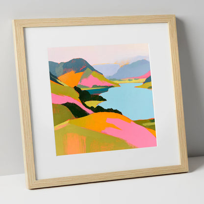 Bold Pink Fells and Lake lake district lake art print in natural frame
