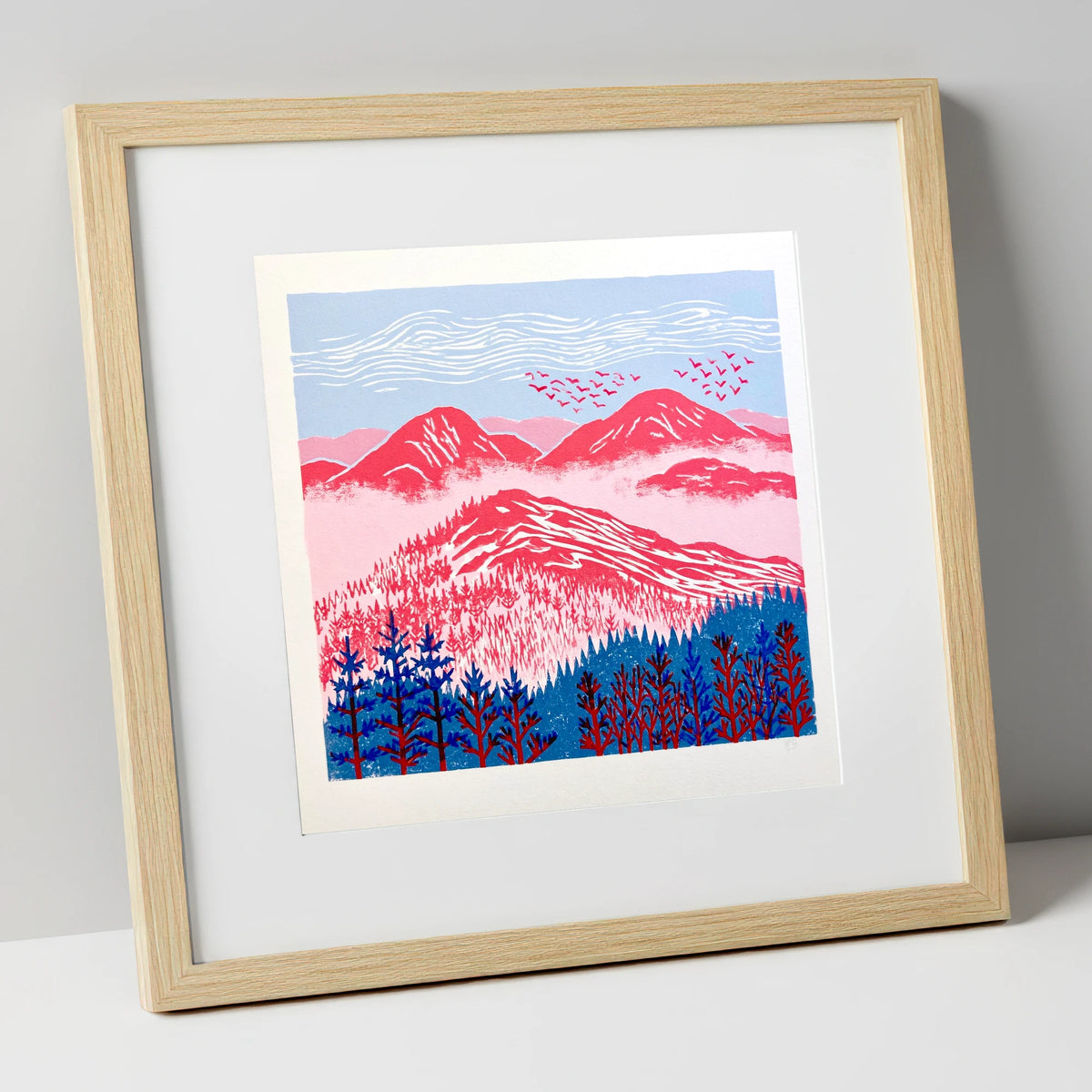 Red Misty Mountain Ridge lake district fell art print in natural frame