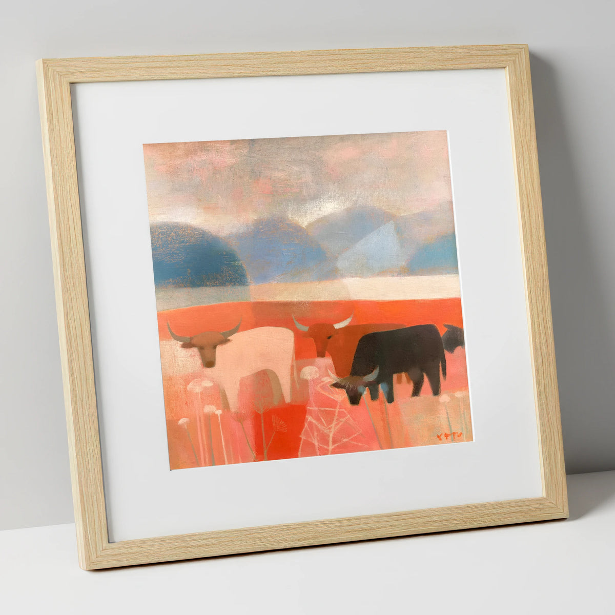 Highland Cattle against Slate Fells lake district wildlife art print in natural frame