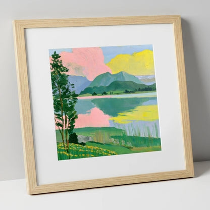Vibrant Lake With Pink Clouds lake district lake art print in natural frame