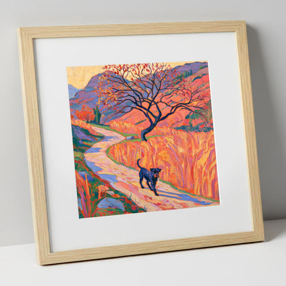 Colourful Patterdale Dog Walk gifts for dog walkers art print in natural frame