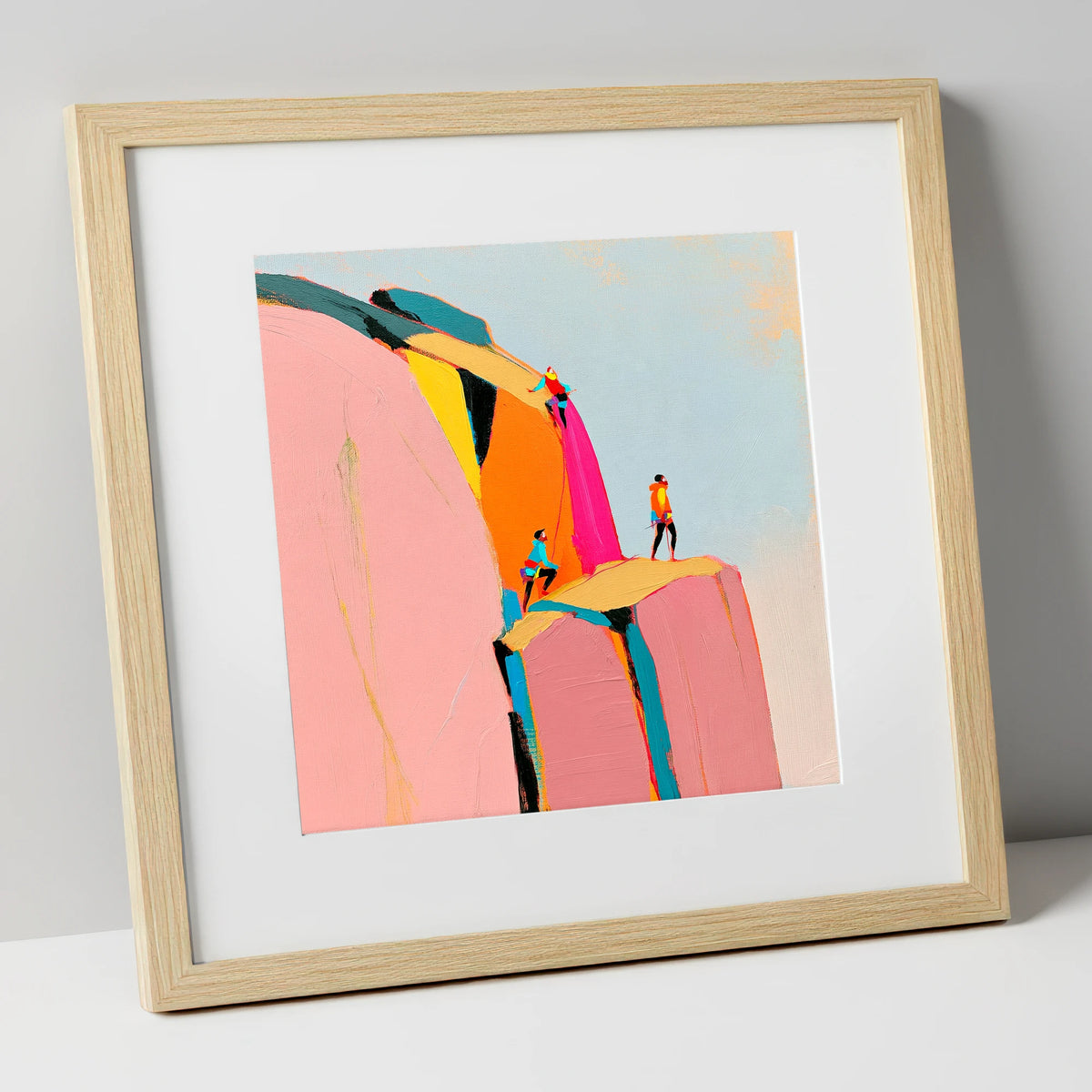Vibrant Rock Climbers on Crag lake district walking art print in natural frame