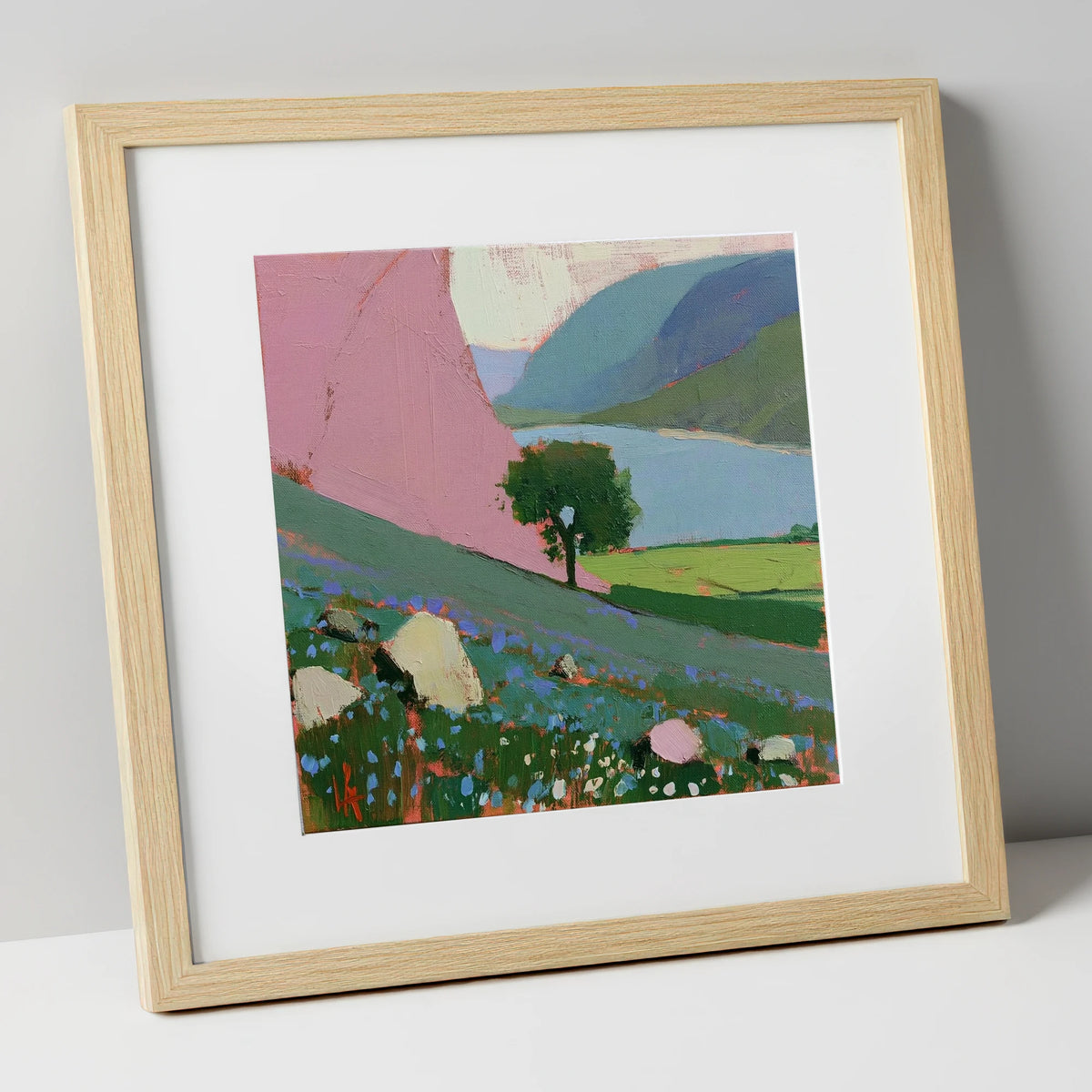 Pink Fellside Above Crummock Water lake district lake art print in natural frame