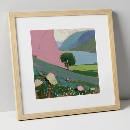 Pink Fellside Above Crummock Water lake district lake art print in natural frame