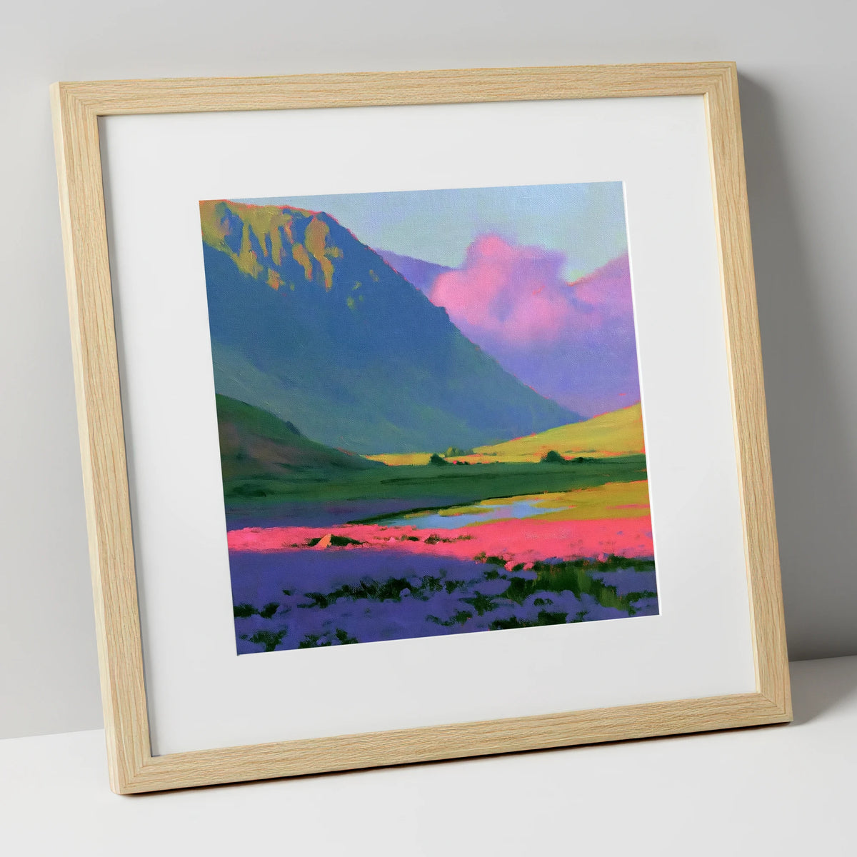 Dramatic Magenta Heather Fellside flowers & fellsides art print in natural frame