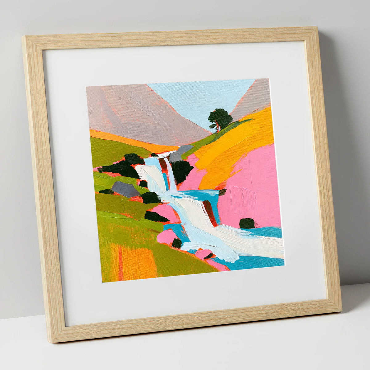 Vibrant Fellside Beck Waterfall lake district waterfall art print in natural frame