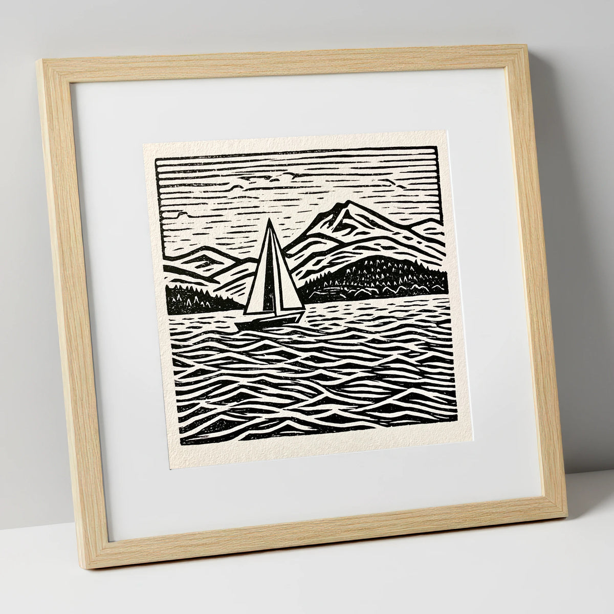 Monochrome Windermere Sailboat and Fells lake district lake art print in natural frame