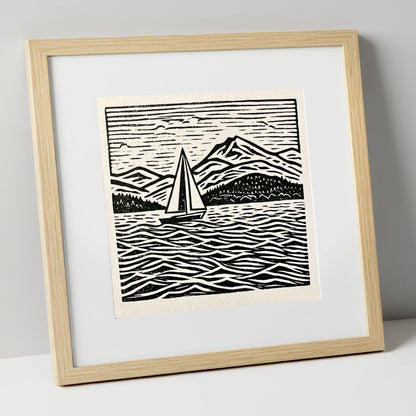 Monochrome Windermere Sailboat and Fells lake district lake art print in natural frame