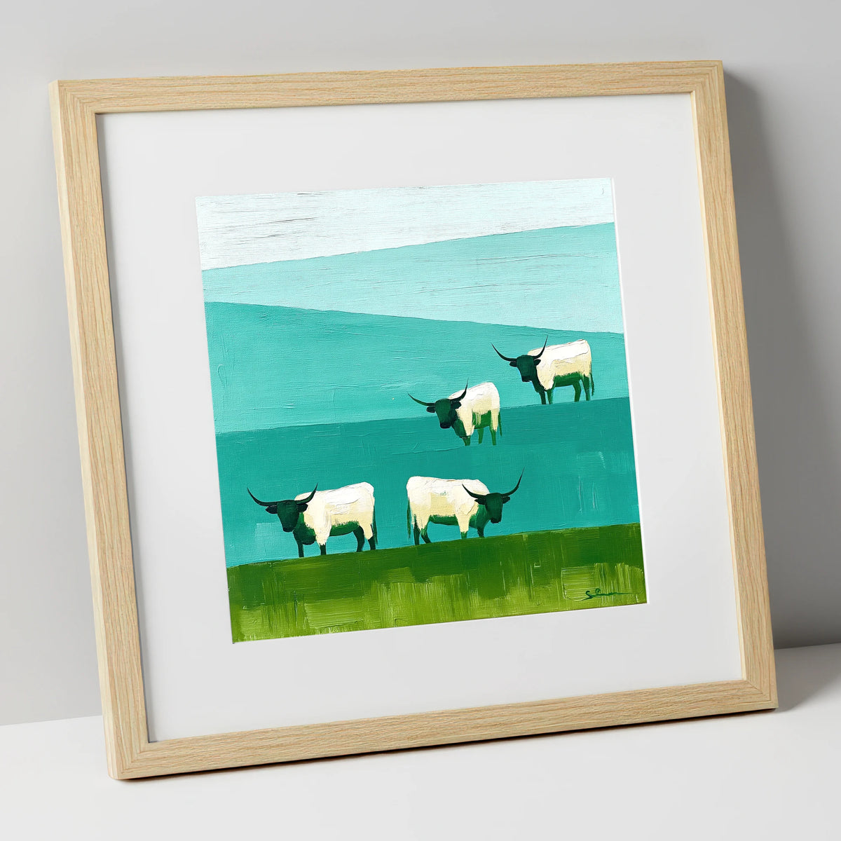Highland Cattle Against Teal Fells lake district wildlife art print in natural frame