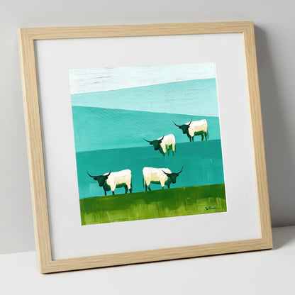 Highland Cattle Against Teal Fells lake district wildlife art print in natural frame