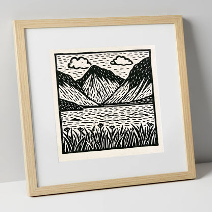 Black and White Wasdale Valley lake district valley art print in natural frame