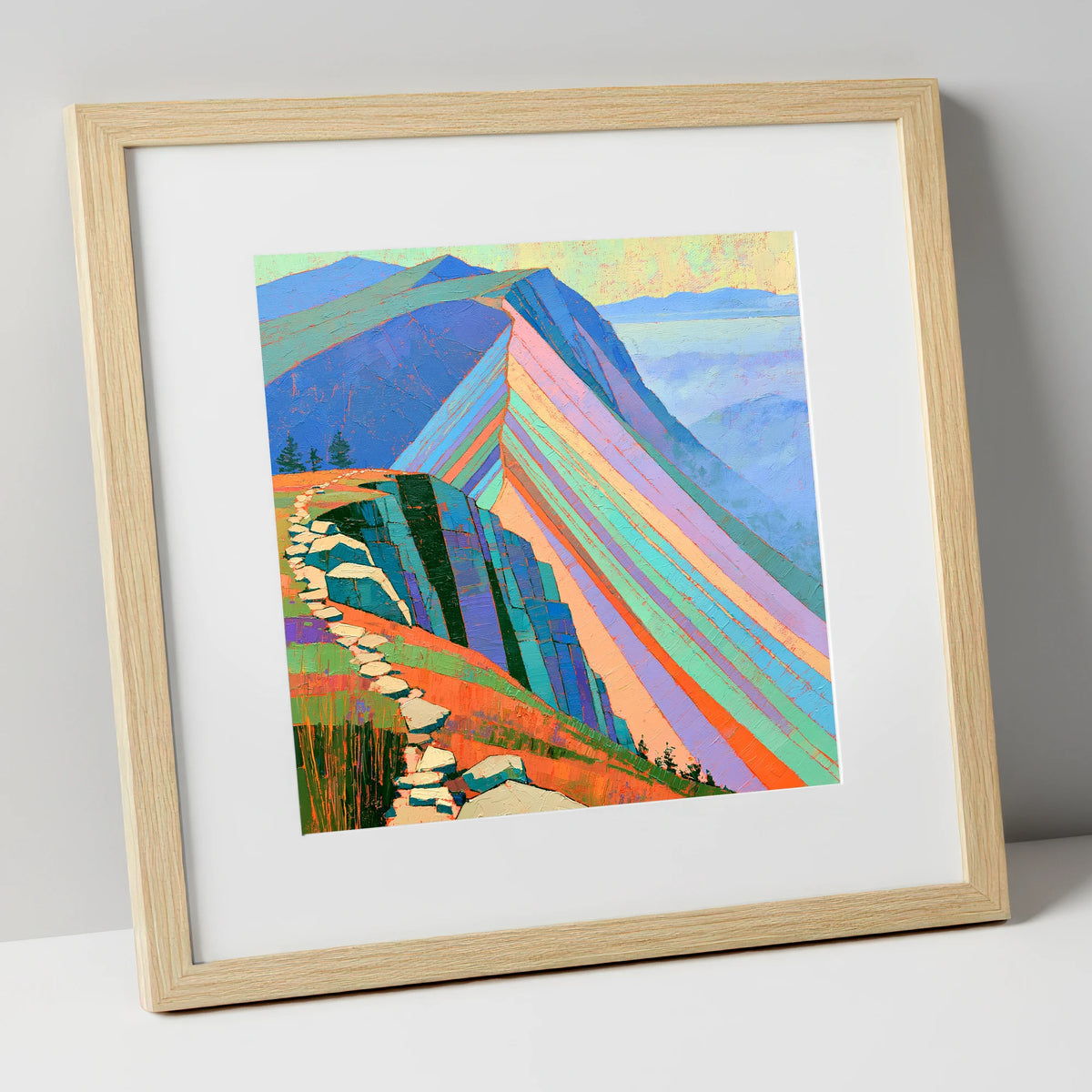 Colourful Striated Mountain Ridge lake district fell art print in natural frame