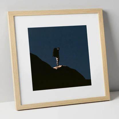 Hiker Silhouette on Dark Fell lake district walking art print in natural frame