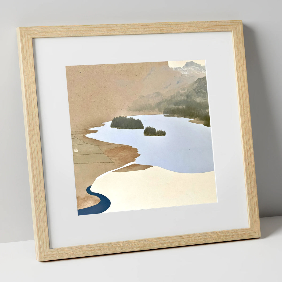 Aerial View over Elterwater lake district lake art print in natural frame