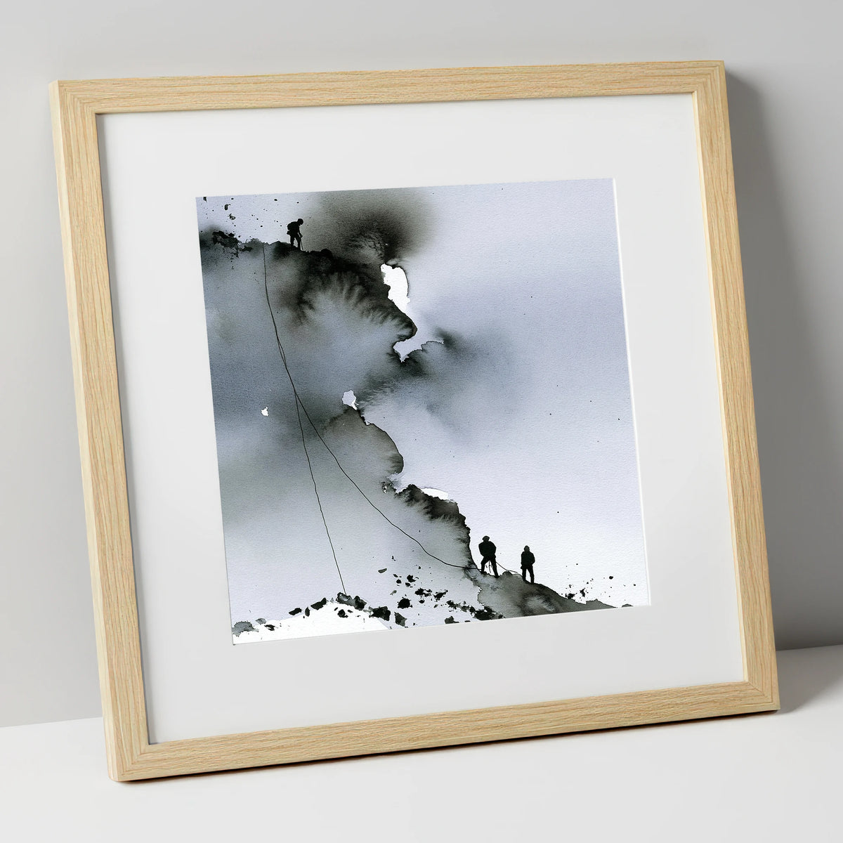 Monochrome Climbers on a Crag lake district walking art print in natural frame