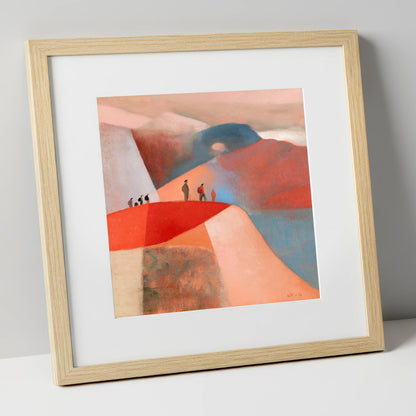 Hikers on a Terracotta Ridge lake district fell art print in natural frame