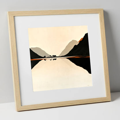 Minimalist Dawn Lake Silhouette lake district lake art print in natural frame