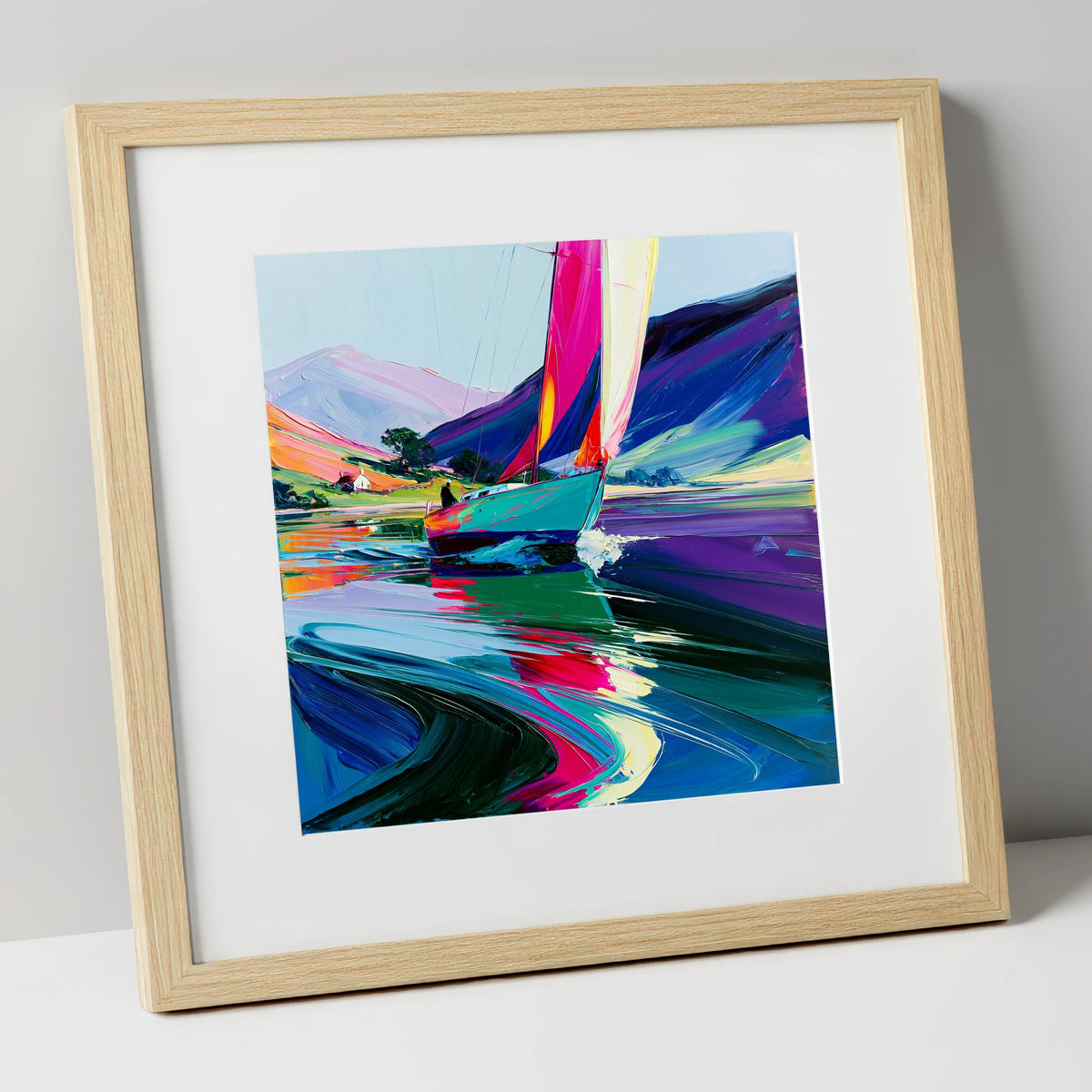 Vibrant Sailboat Beneath Purple Fells lake district walking art print in natural frame