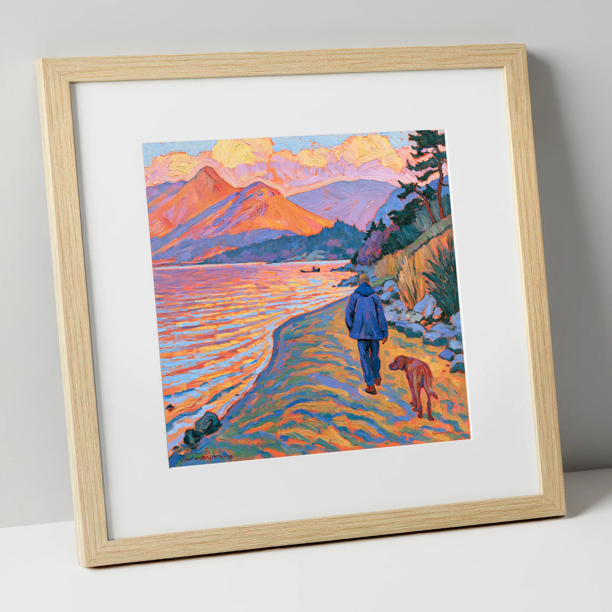 Vibrant Derwentwater Dog Walk gifts for dog walkers art print in natural frame