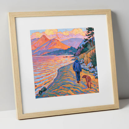 Vibrant Derwentwater Dog Walk gifts for dog walkers art print in natural frame
