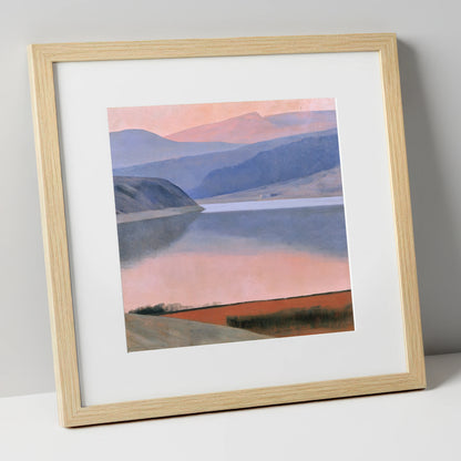 Lake and Fells in Dusk Pink lake district lake art print in natural frame