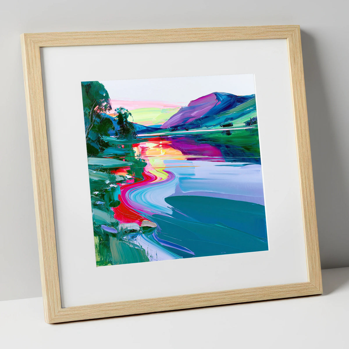 Vivid Mountain Lake Sunset lake district lake art print in natural frame