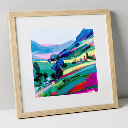 Vivid Morning Mist Valley lake district sky art print in natural frame